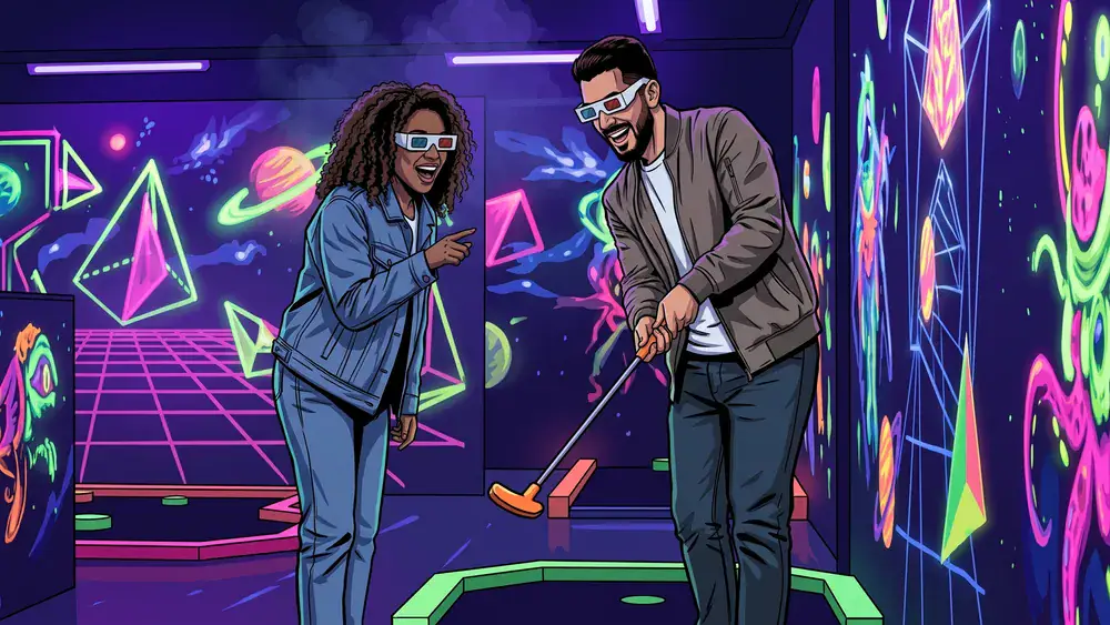 Schwarzlicht Minigolf in Köln – Team spielt mit 3D-Brillen Minigolf in leuchtender Neonwelt