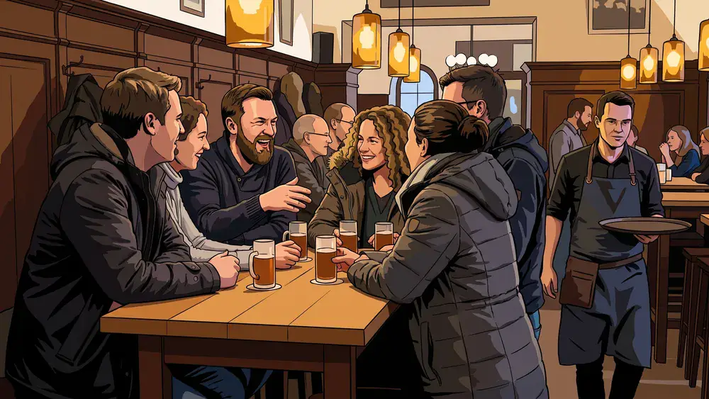 Brauhaustour in Köln – JGA-Runde trinkt Kölsch an einem Stehtisch im Brauhaus