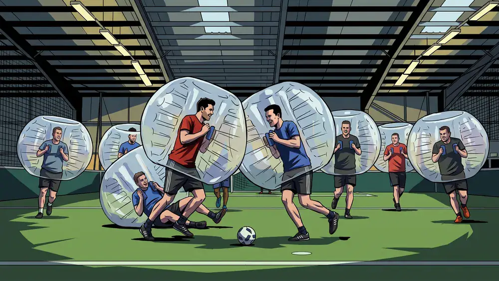 Bubble Soccer in Köln – JGA-Gruppe rempelt sich in aufblasbaren Bällen auf dem Hallenplatz