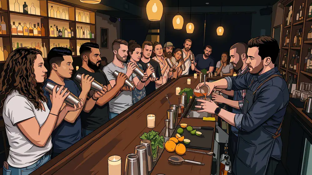 Cocktailkurs in Köln – JGA-Runde mixt Cocktails hinter der Bar bei ONA MOR