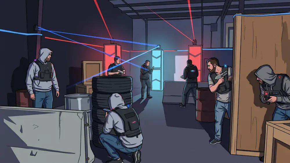 Lasertag in Köln – JGA-Gruppe mit Sensorwesten in der Neon-Arena