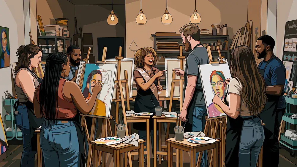 Painting Party in Köln – JGA-Runde malt die Hauptperson an Staffeleien