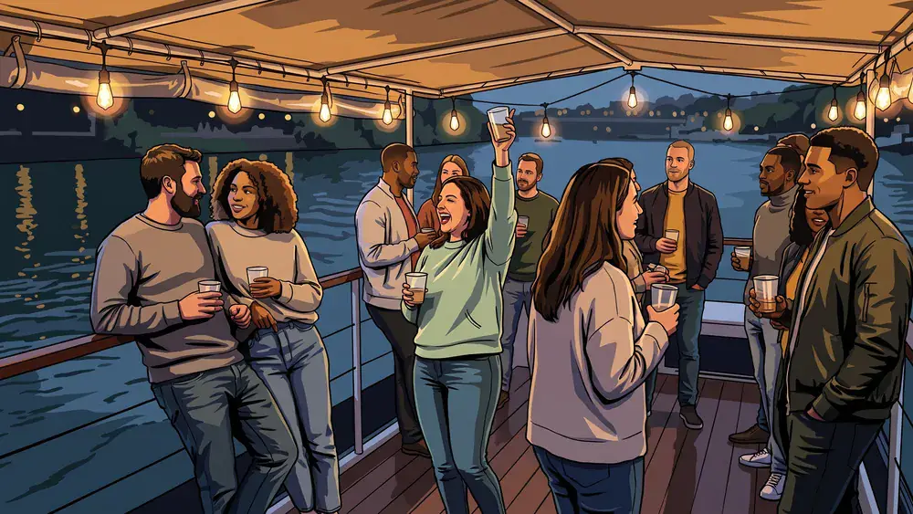 Partyboot in Köln – JGA-Gruppe feiert an Deck einer Rheinparty