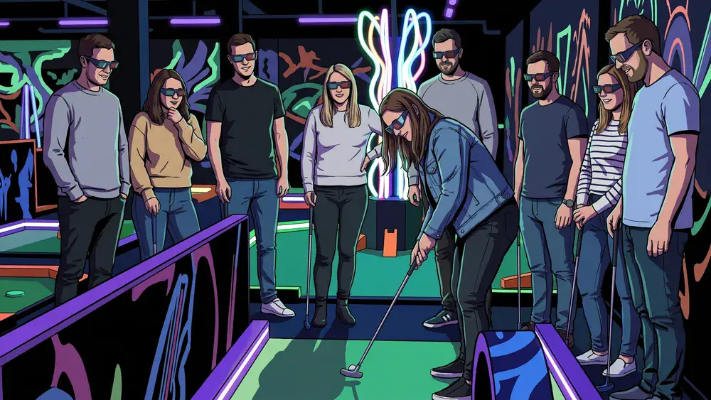 Schwarzlicht-Minigolf in Köln – JGA-Gruppe spielt mit 3D-Brillen durch die Neonbahnen