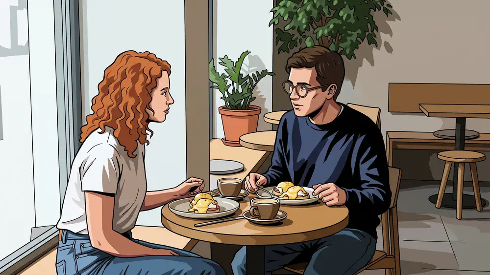 Café Balthasar in Köln – Zwei Personen brunchen mit Eggs Benedict und Kaffee im hellen Café