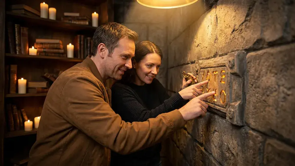 Escape Room in Köln – Zwei Personen lösen gemeinsam Rätsel in einem thematisch gestalteten Raum