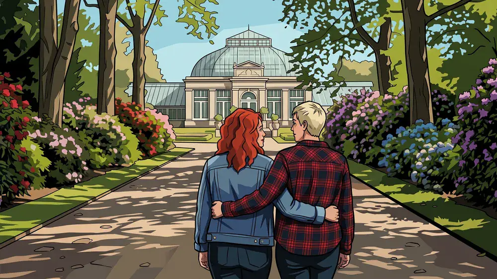 Flora Botanischer Garten in Köln – Zwei Personen spazieren durch den Park mit blühenden Beeten und altem Festhaus im Hintergrund