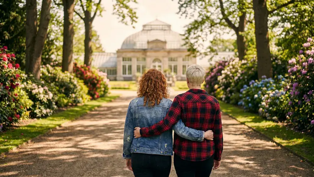 Flora Botanischer Garten in Köln – Zwei Personen spazieren durch den Park mit blühenden Beeten und altem Festhaus im Hintergrund