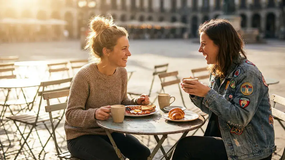 Hallmackenreuther in Köln – Zwei Personen brunchen an der Außenterrasse am Brüsseler Platz