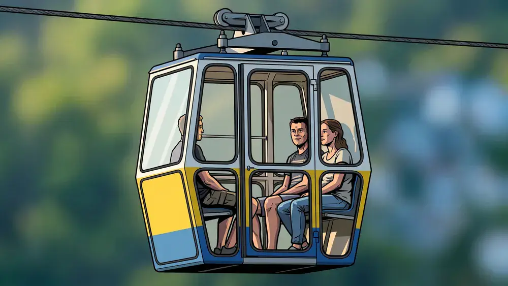 Kölner Seilbahn – Zwei Personen in einer Gondel über dem Rhein mit Blick auf die Stadt