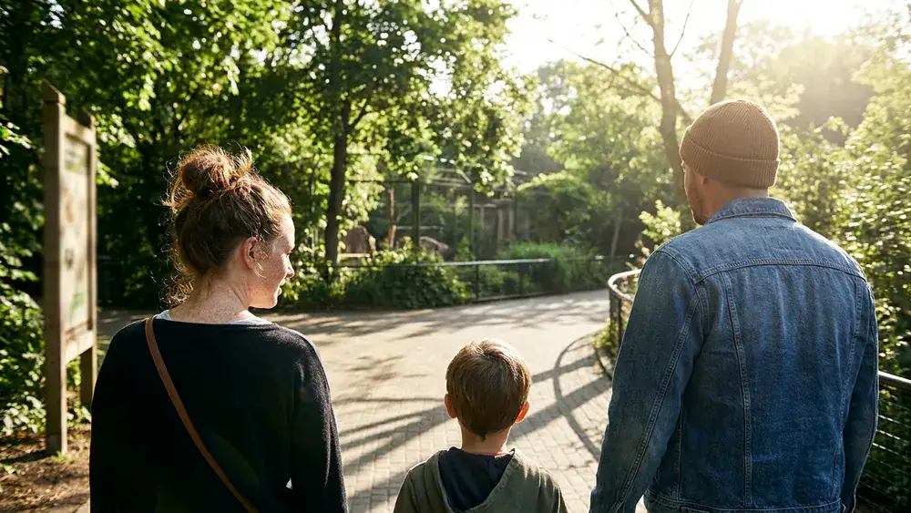 Kölner Zoo – Familie spaziert an einem Sonntagmorgen durch den Zoo zwischen grünen Gehegen
