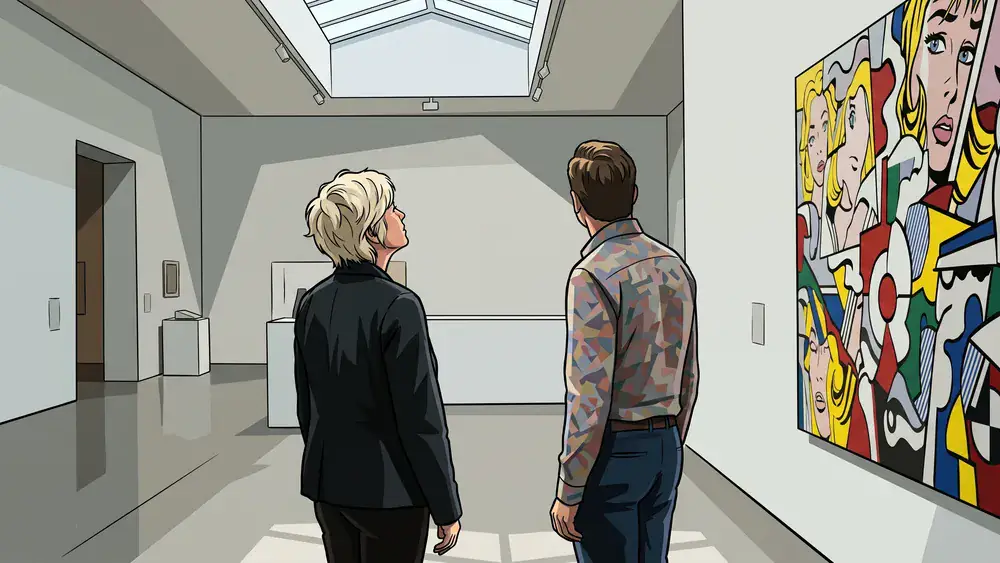 Museum Ludwig in Köln – Zwei Personen betrachten ein großes Pop-Art-Gemälde in einer lichtdurchfluteten Galerie
