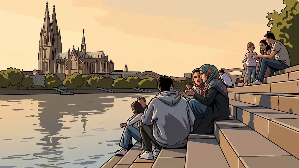 Rheinboulevard Deutz in Köln – Menschen sitzen auf der Freitreppe am Rhein mit Blick auf den Dom