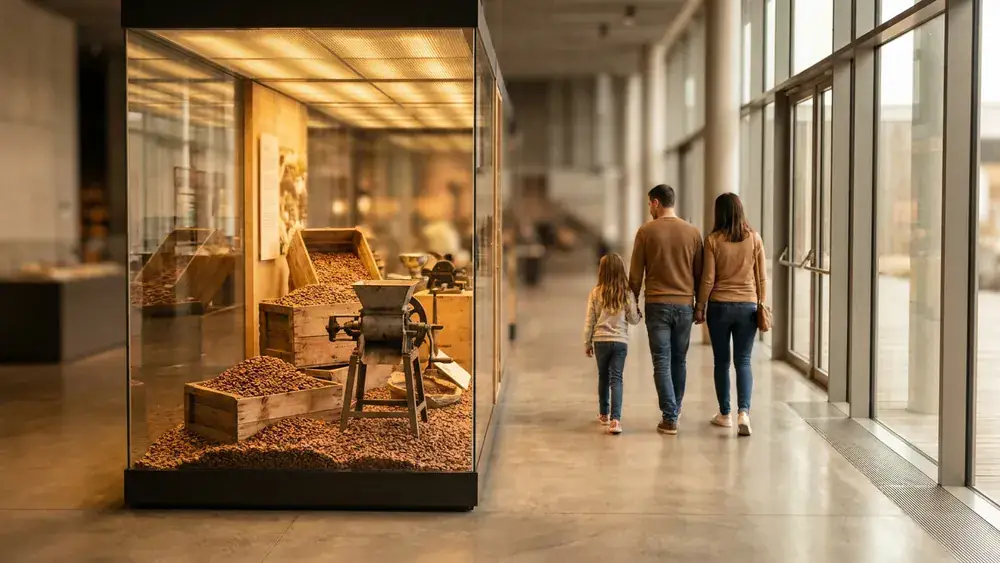 Schokoladenmuseum in Köln – Besucher erkunden die Ausstellung im lichtdurchfluteten Museumsgebäude