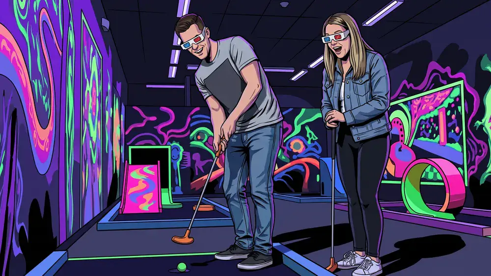 Schwarzlicht Minigolf in Köln – Zwei Personen spielen Minigolf in leuchtender 3D-Neonwelt
