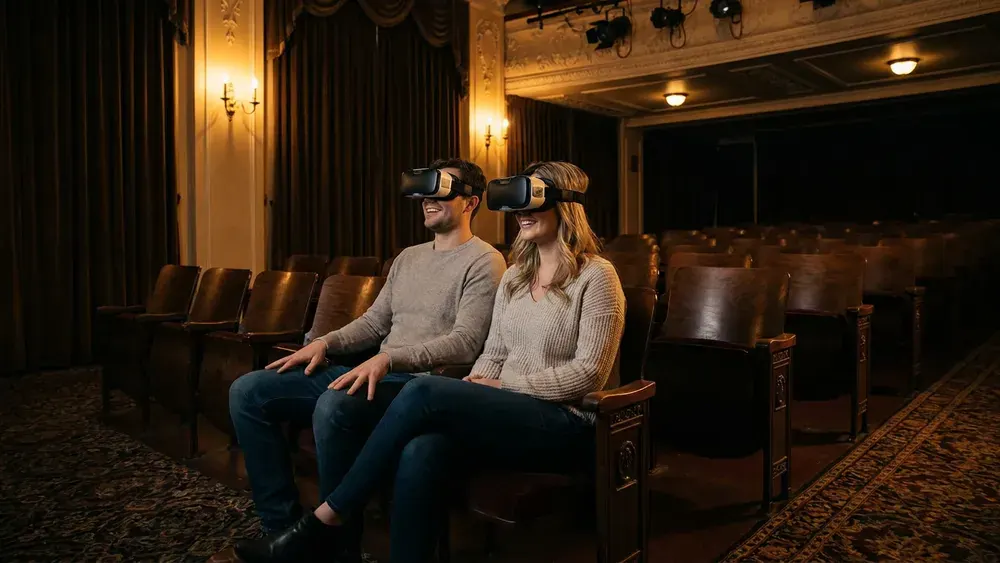 TimeRide VR in Köln – Zwei Personen erleben mit VR-Brillen eine Zeitreise ins alte Köln