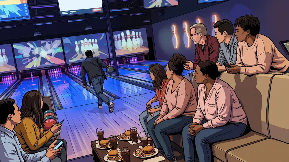 Bowling in Köln – Team jubelt an einer modernen Bowlingbahn bei West Bowling