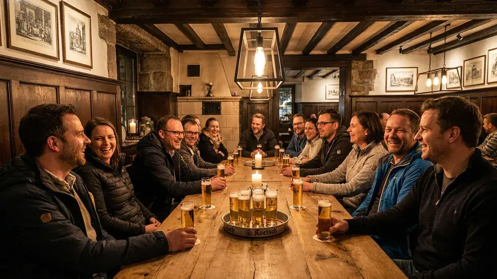 Brauhaus in Köln – Team trinkt Kölsch an langen Tischen in einem traditionellen Brauhaus in der Altstadt