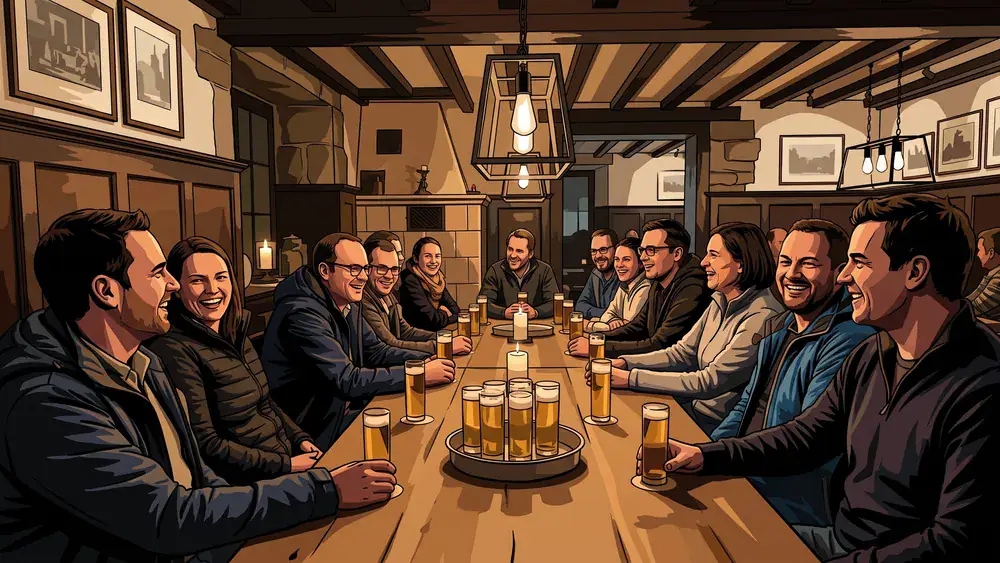 Brauhaus in Köln – Team trinkt Kölsch an langen Tischen in einem traditionellen Brauhaus in Köln