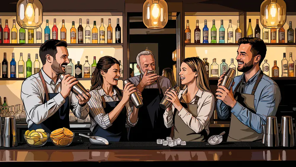 Cocktailkurs in Köln – Team mixt Cocktails an einer Bar unter Anleitung in Köln