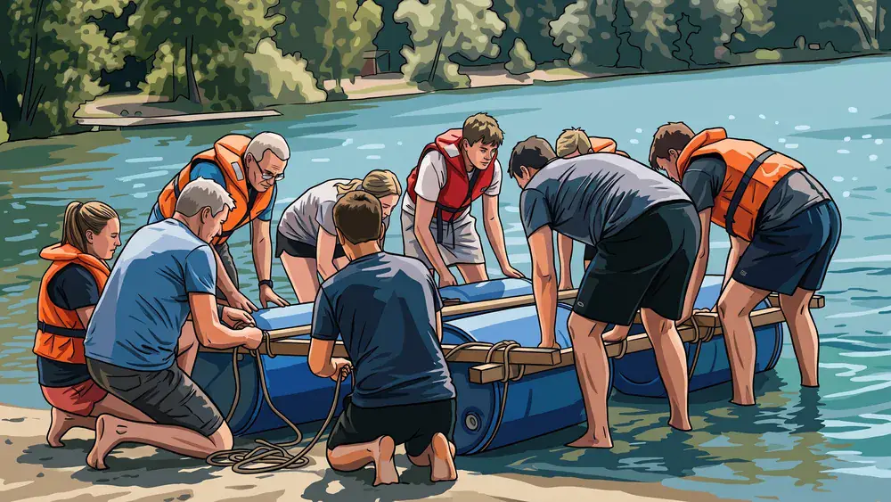 Floßbau in Köln – Team baut am Fühlinger See gemeinsam ein Floß aus Fässern und Balken