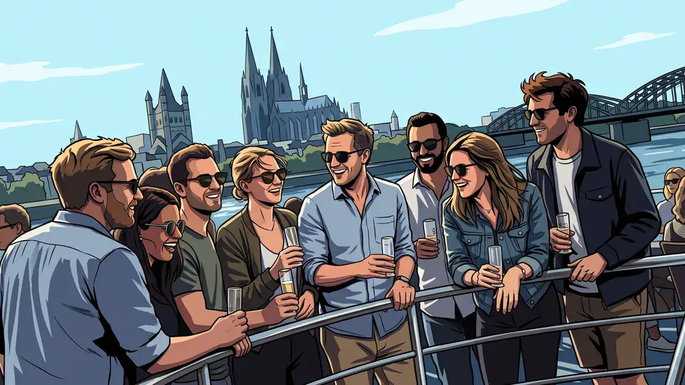 KD Panoramafahrt in Köln – Kollegen stehen an Deck eines Rheinschiffs mit Blick auf den Dom
