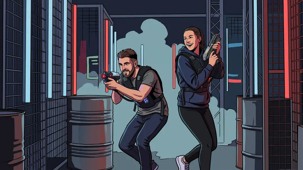 Lasertag in Köln – Team mit Sensorwesten spielt in einer dunklen Neon-Arena