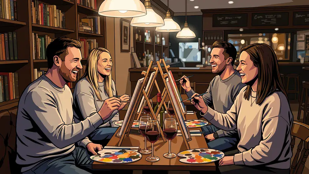 Painting Party in Köln – Team malt an Staffeleien mit Wein in gemütlicher Bar-Atmosphäre