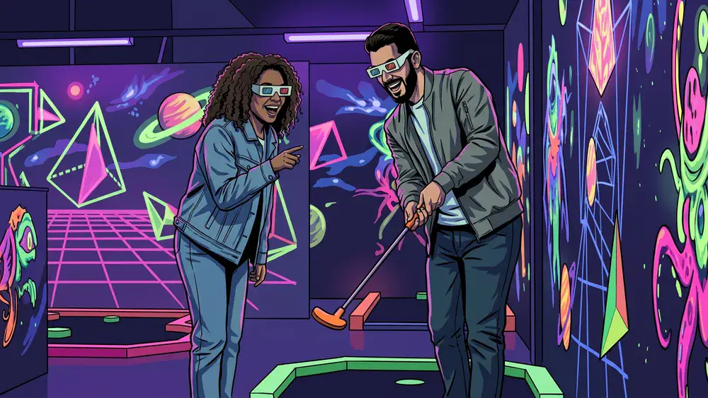 Schwarzlicht Minigolf in Köln – Team spielt mit 3D-Brillen Minigolf in leuchtender Neonwelt