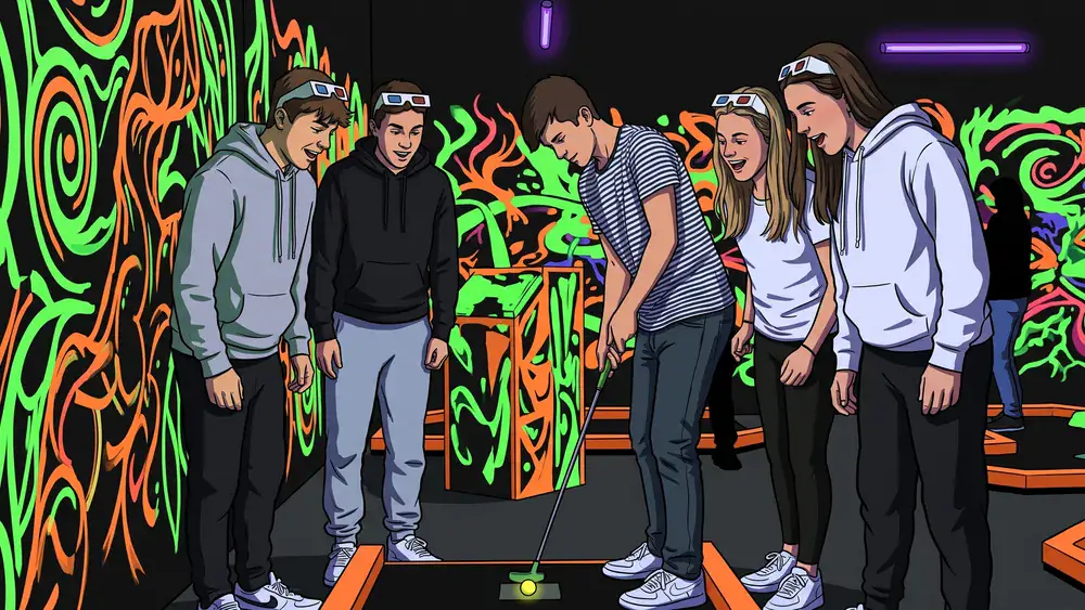 Glowing Rooms Köln – Schüler spielen 3D Schwarzlicht Minigolf in leuchtenden Fantasiewelten