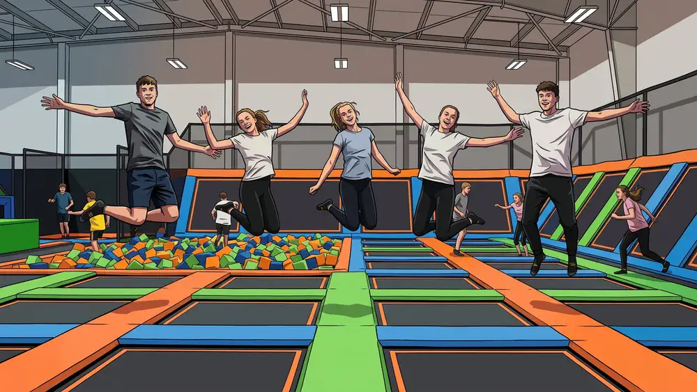 JUMP House Köln – Schüler springen auf Trampolinen in einem bunten Indoor-Park