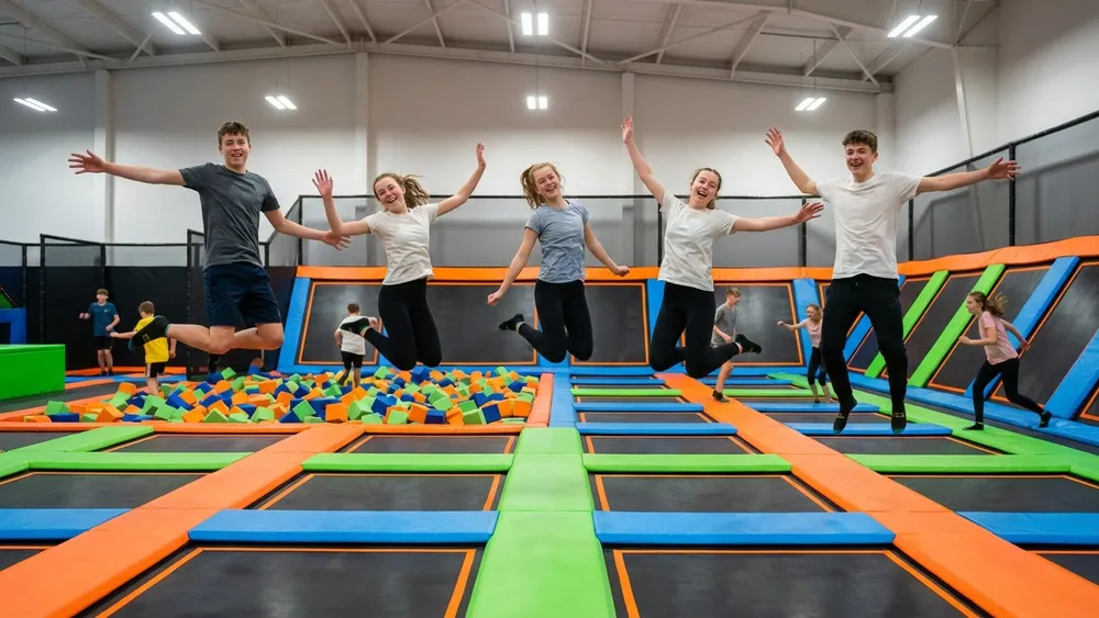JUMP House Köln – Schüler springen auf Trampolinen in einem bunten Indoor-Park
