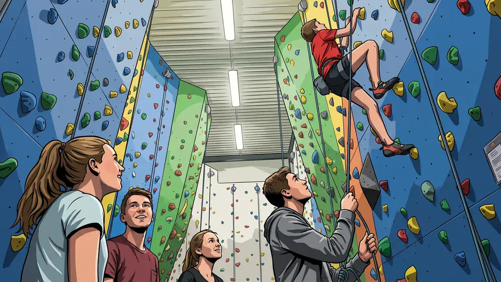 Kletterfabrik Köln – Schüler klettern an hohen Indoor-Kletterwänden mit Sicherung