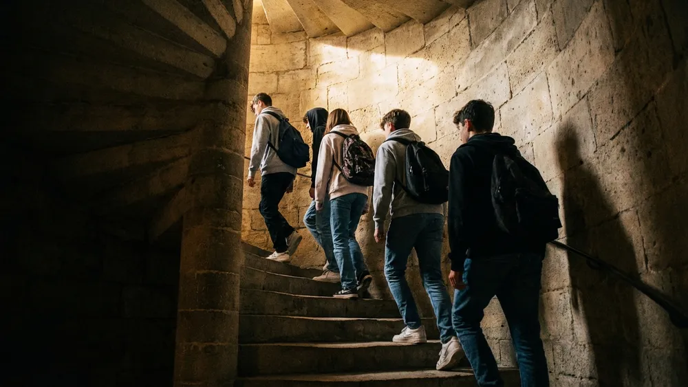 Kölner Dom Turmbesteigung – Schüler steigen die Wendeltreppe im Südturm hinauf