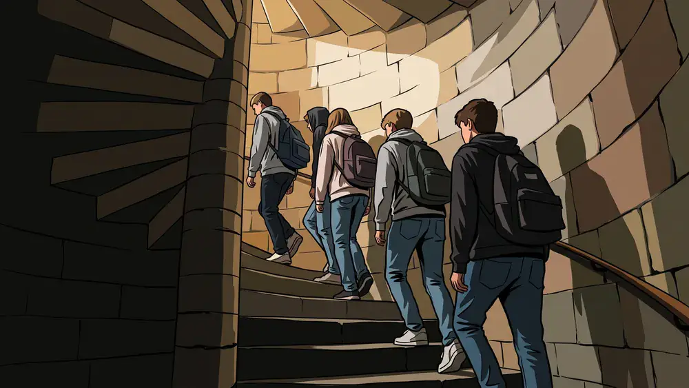 Kölner Dom Turmbesteigung – Schüler steigen die Wendeltreppe im Südturm hinauf