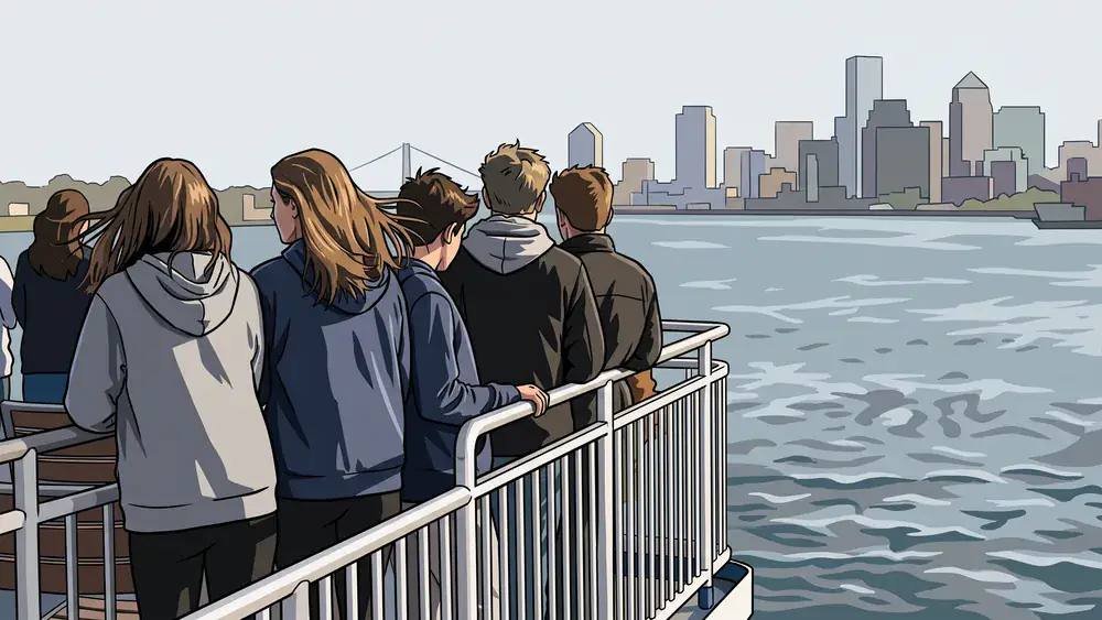 Rheinschifffahrt Köln – Schüler stehen an der Reling eines Panoramaschiffs auf dem Rhein