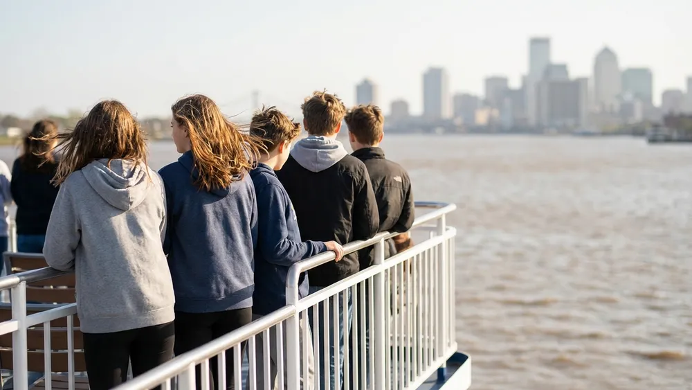 Rheinschifffahrt Köln – Schüler stehen an der Reling eines Panoramaschiffs auf dem Rhein