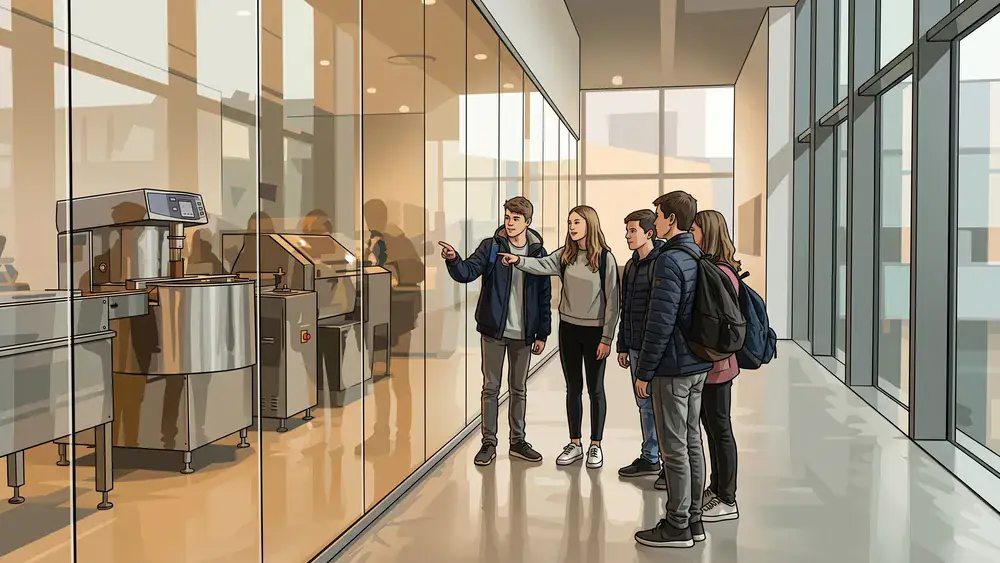 Schokoladenmuseum in Köln – Schulklasse erkundet die Ausstellung im lichtdurchfluteten Museumsgebäude