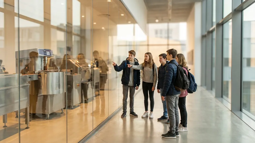 Schokoladenmuseum in Köln – Schulklasse erkundet die Ausstellung im lichtdurchfluteten Museumsgebäude