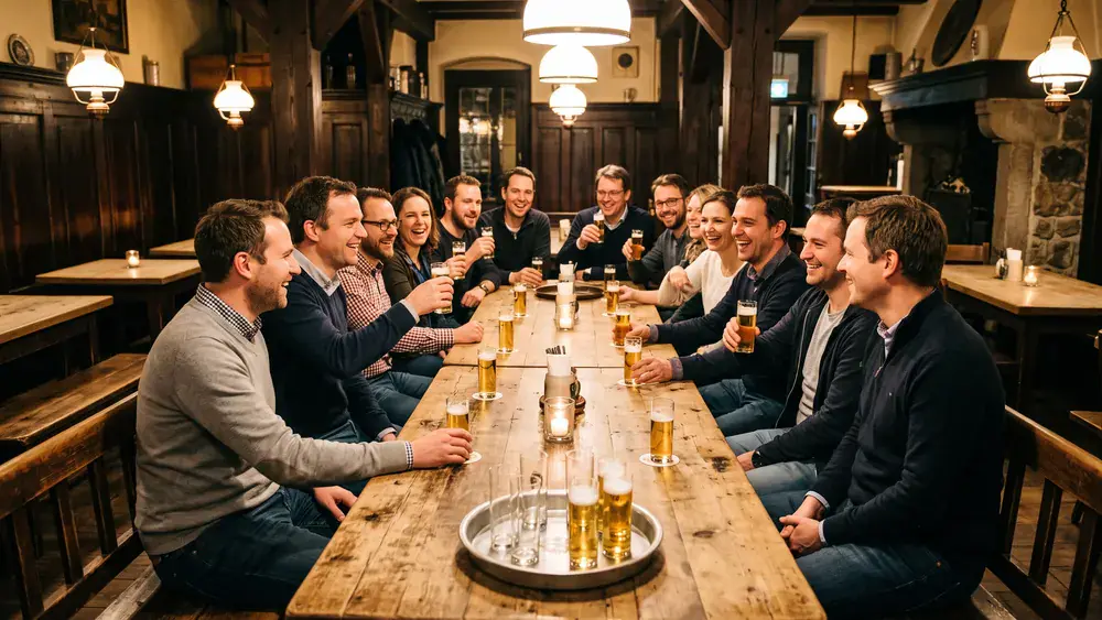 Brauhaus in Köln – Kollegen trinken Kölsch an langen Tischen in einem traditionellen Brauhaus in der Altstadt