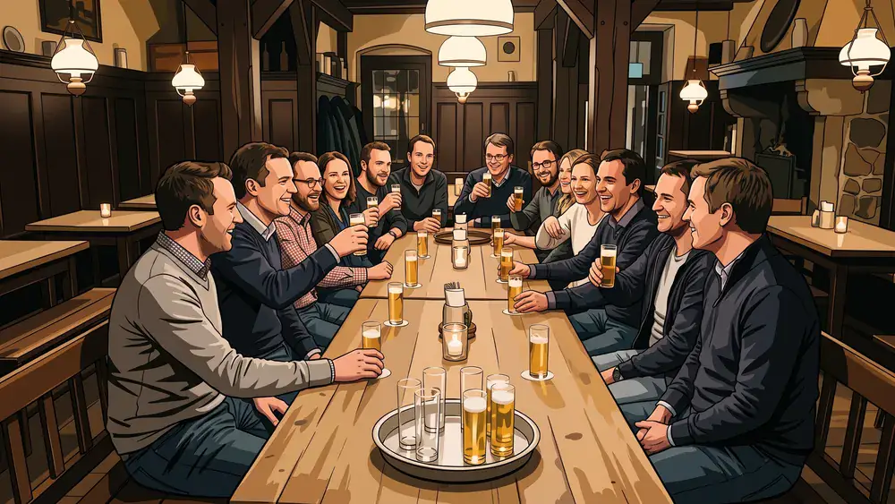 Brauhaus in Köln – Kollegen trinken Kölsch an langen Tischen in einem traditionellen Brauhaus in Köln