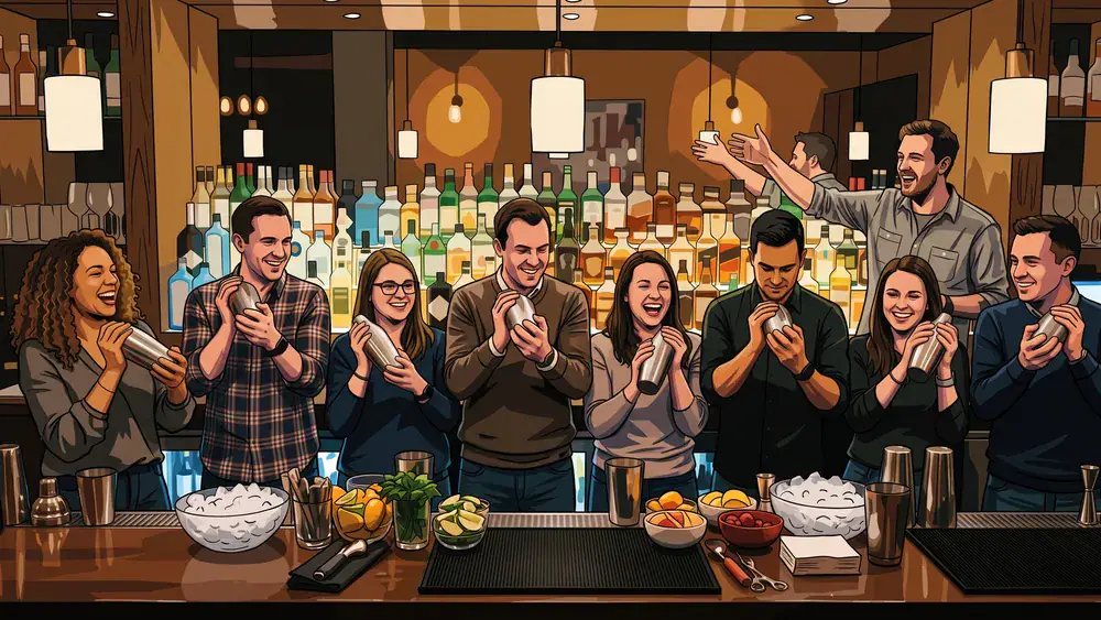 Cocktailkurs in Köln – Kollegen mixen Cocktails an einer Bar unter Anleitung in Köln