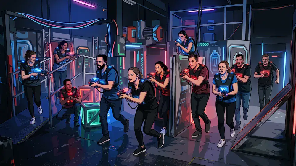 Lasertag in Köln – Kollegen mit Sensorwesten spielen in einer dunklen Neon-Arena