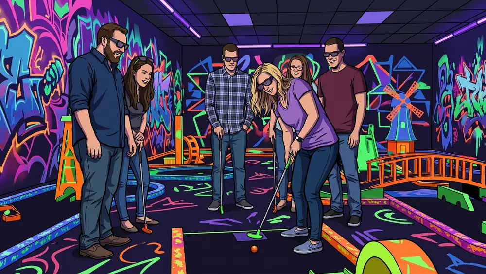 Schwarzlicht Minigolf in Köln – Kollegen spielen mit 3D-Brillen Minigolf in leuchtender Neonwelt