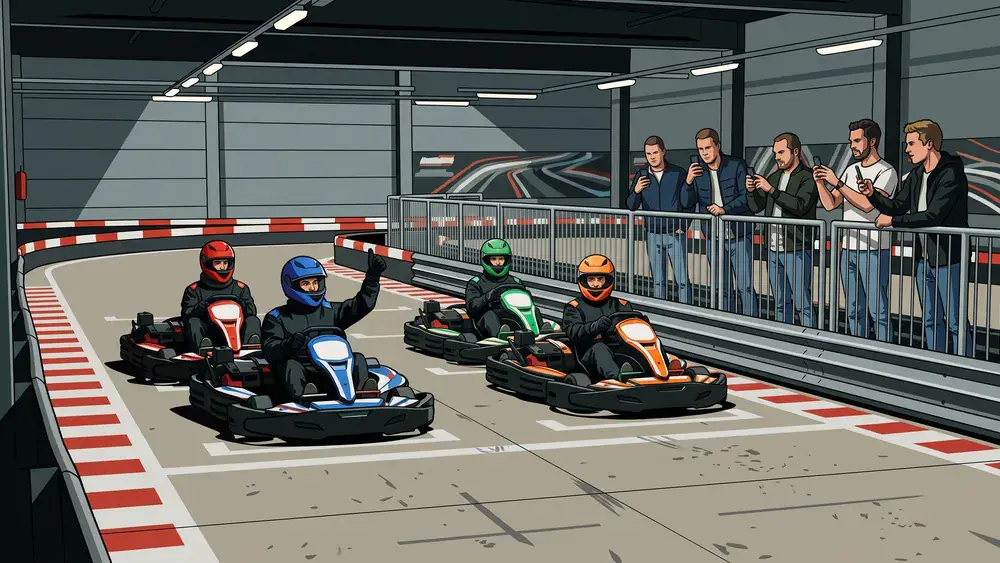 Kart-Center Kerpen – Kollegen auf der Startaufstellung der Hallenbahn