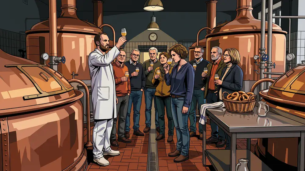 Brauerei Stauder in Essen – Gruppe mit Probiergläsern zwischen den Sudkesseln