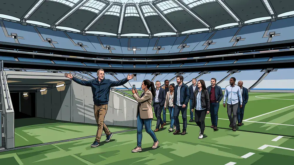Arena-Tour VELTINS-Arena – Kollegen kommen aus dem Spielertunnel ans Spielfeld