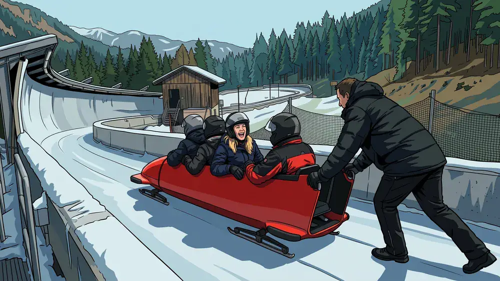 VELTINS-EisArena Winterberg – Kollegen im Bob am Start der Eisbahn