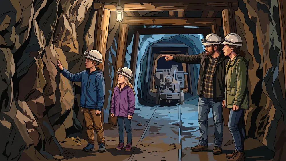 Deutsches Bergbau-Museum in Bochum – Familie mit Helmen im Anschauungsbergwerk unter dem Museum