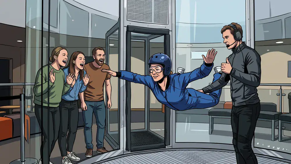 Indoor Skydiving in Bottrop – eine Fliegerin schwebt im Windkanal, Freunde schauen durch die Scheibe